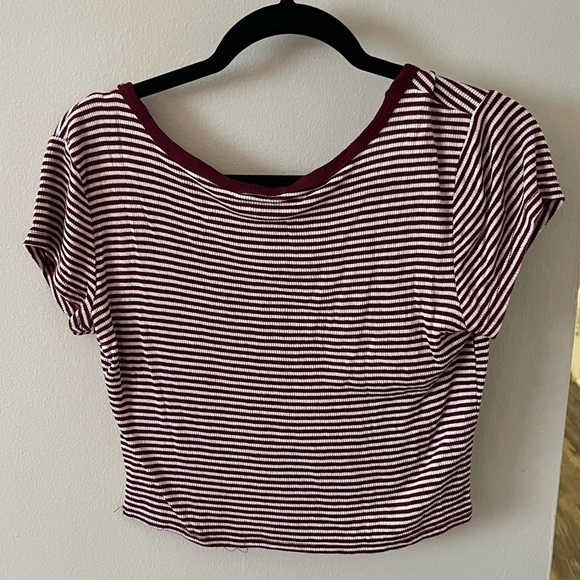 Maroon/White Striped Cropped T-shirt - Picture 2 of 2